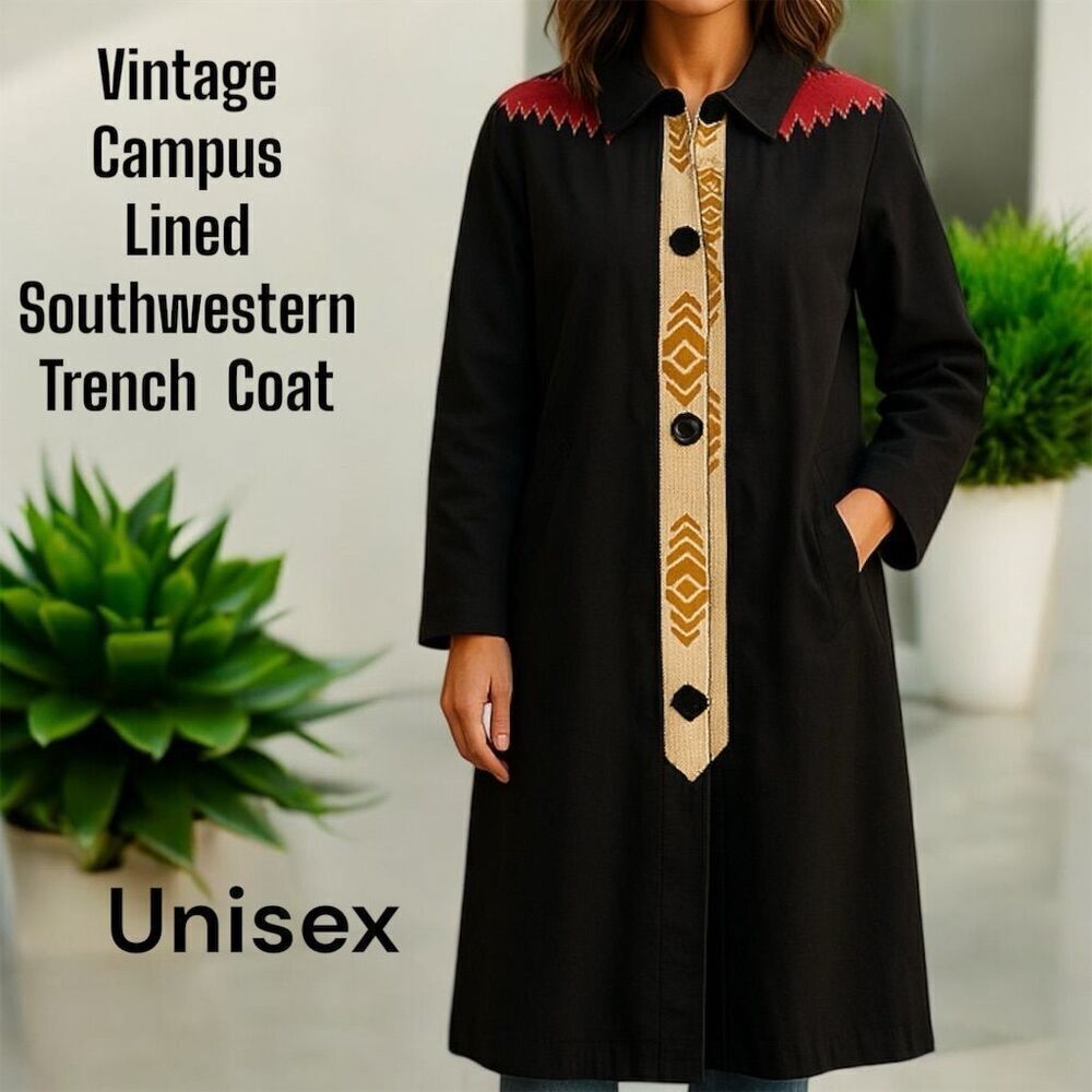 Vintage Campus Permanent Press Black Unisex Southwestern Embellished Trench Coat